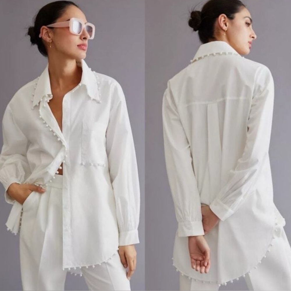 Mememe Embellished Button down Tunic Long Sleeve White